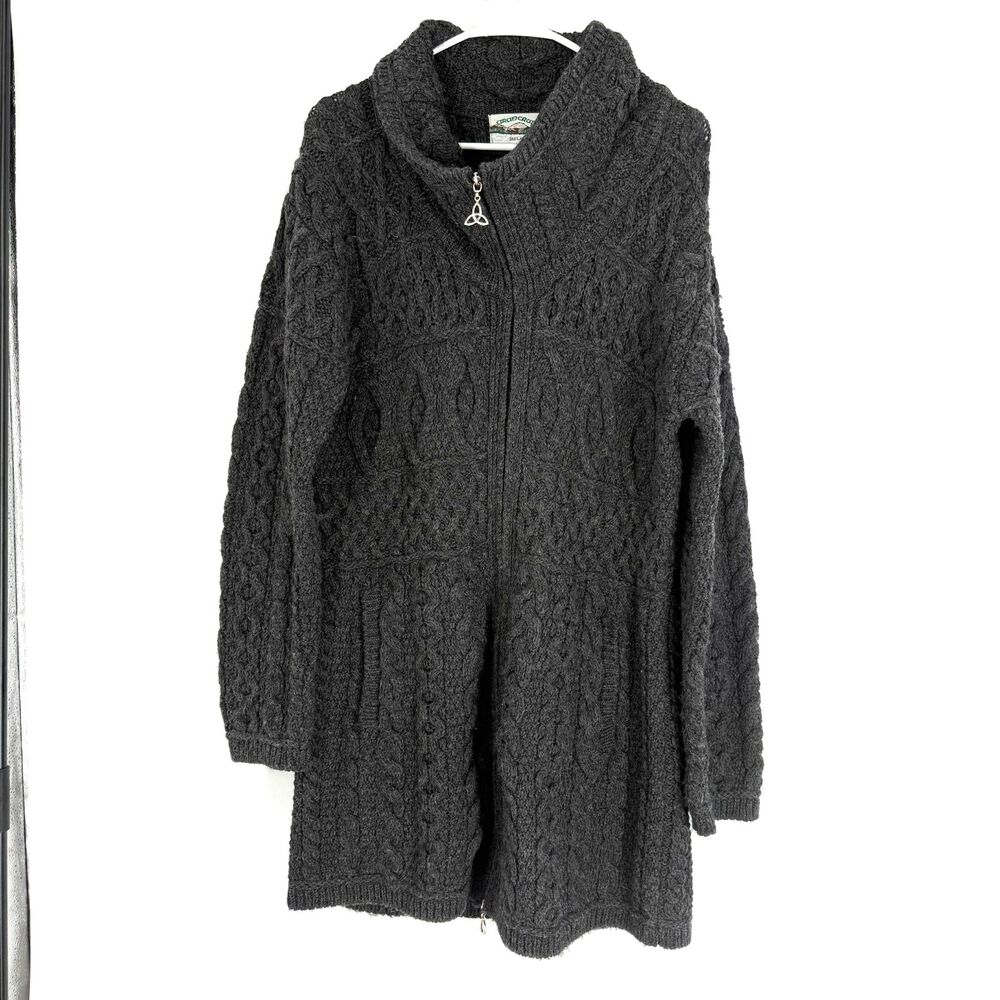 Aran Crafts 100% Merino Wool Zip Up Long Sweater Ireland Fisherman Womens Sz XL